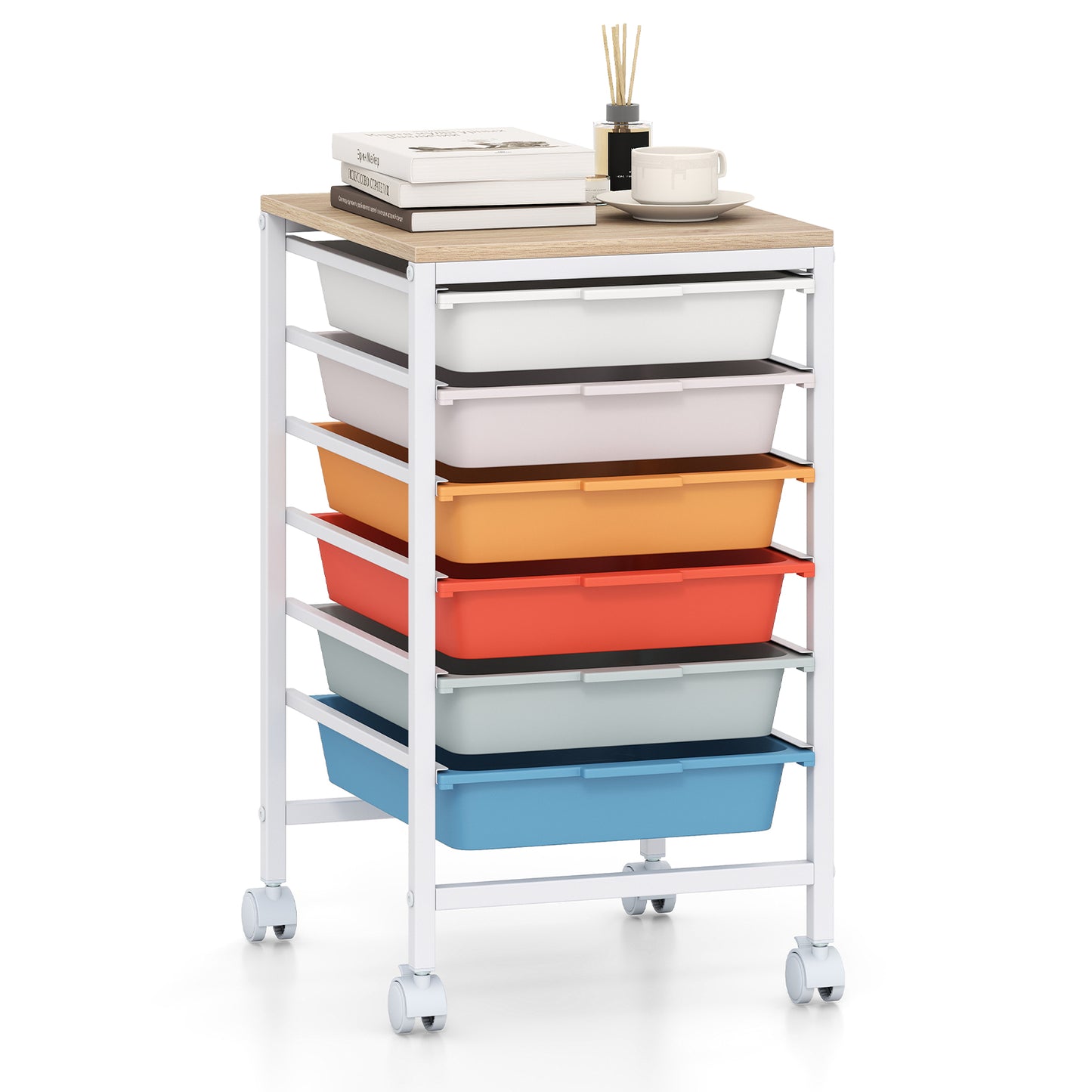 6-Drawer Rolling Storage Cart with Wooden Tabletop-Macaron