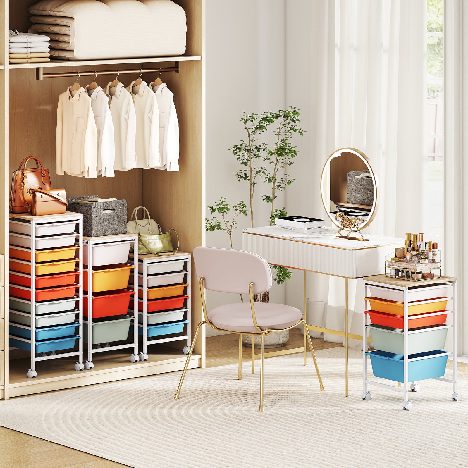 6-Drawer Rolling Storage Cart with Wooden Tabletop-Macaron