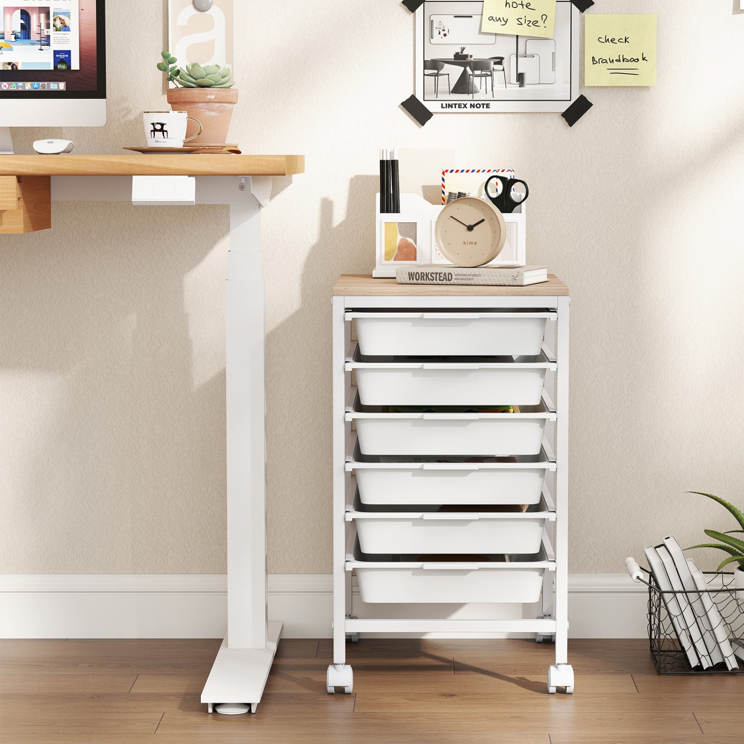 6-Drawer Rolling Storage Cart with Wooden Tabletop-White