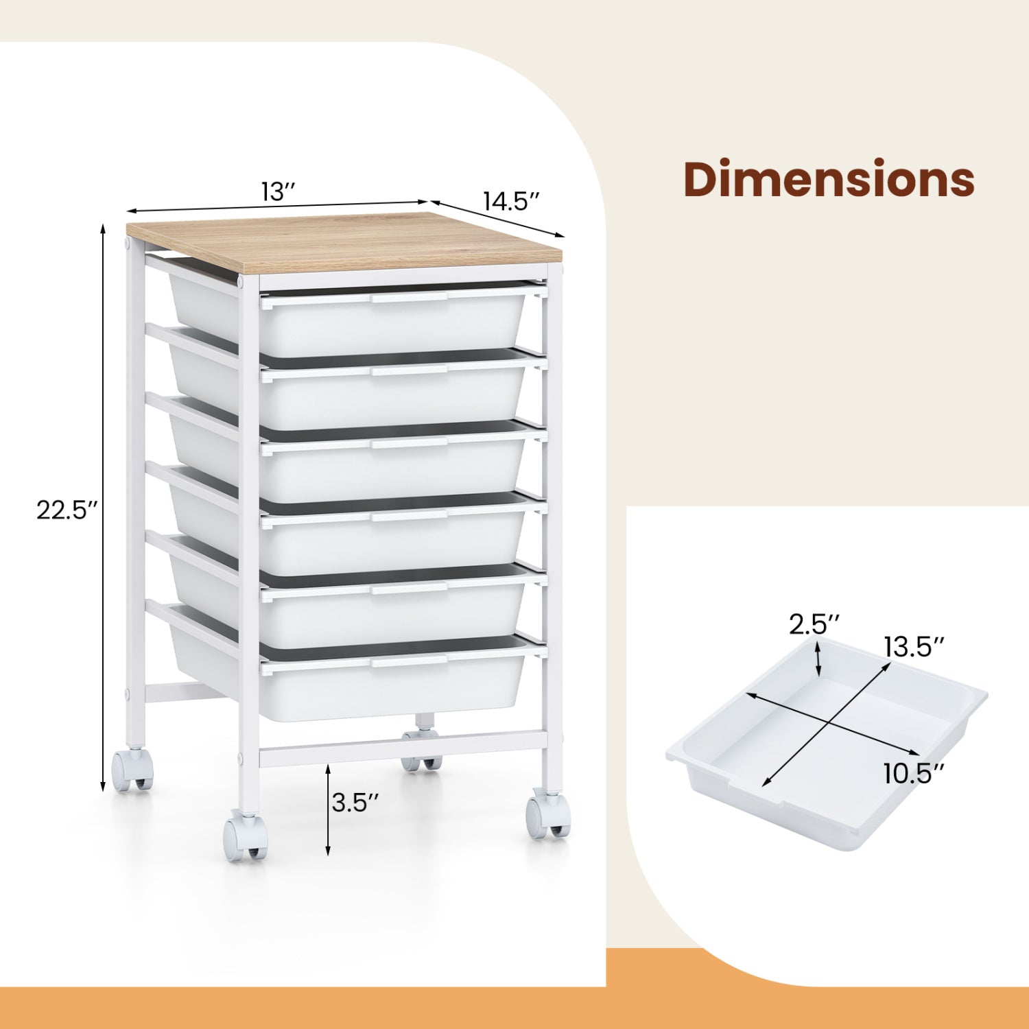 6-Drawer Rolling Storage Cart with Wooden Tabletop-White