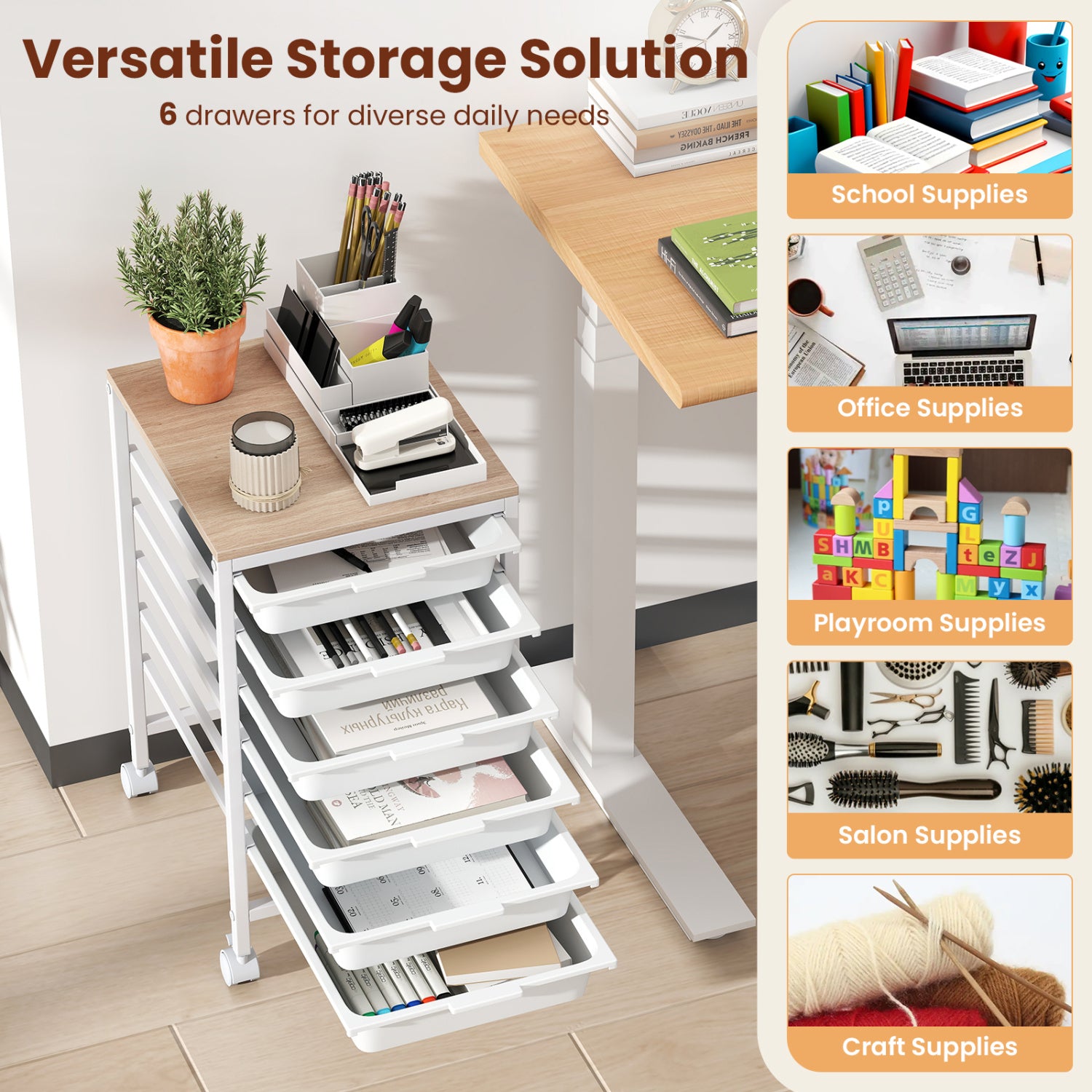 6-Drawer Rolling Storage Cart with Wooden Tabletop-White