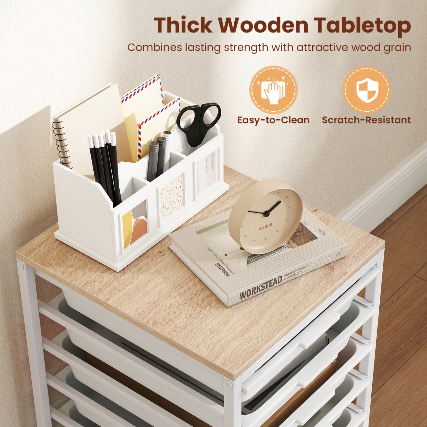 6-Drawer Rolling Storage Cart with Wooden Tabletop-White
