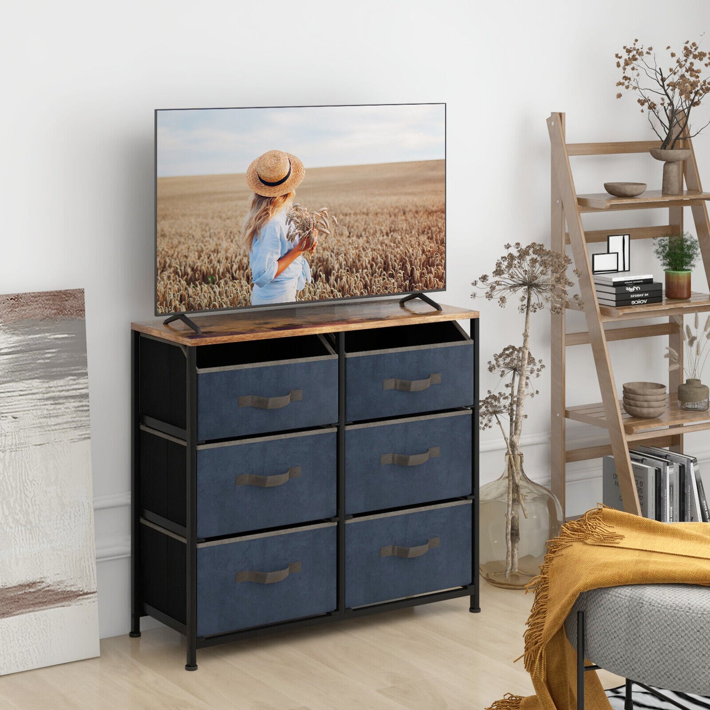 6-Drawer Dresser with Metal Frame and Anti-toppling Devices-Rustic Brown
