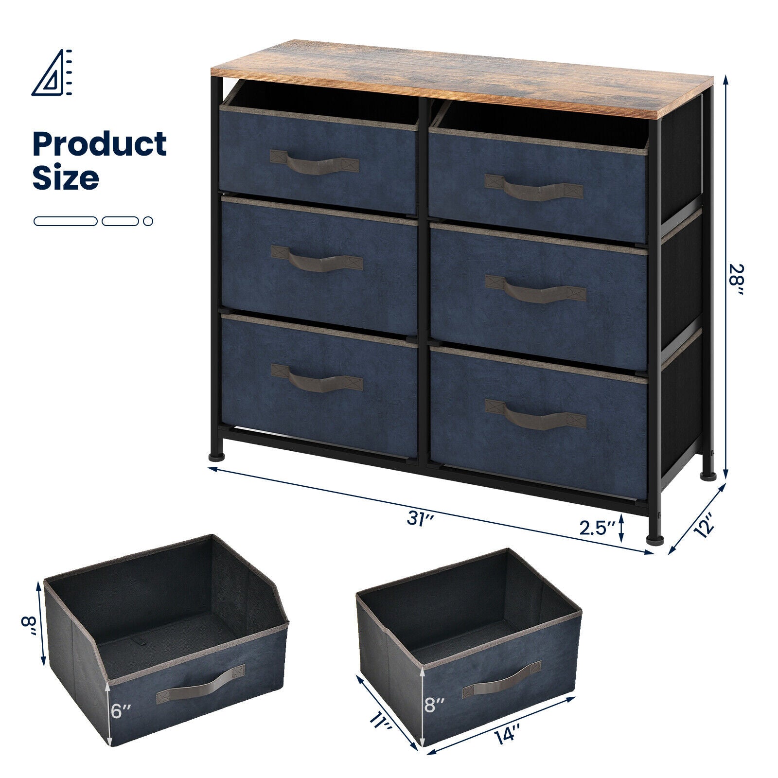 6-Drawer Dresser with Metal Frame and Anti-toppling Devices-Rustic Brown
