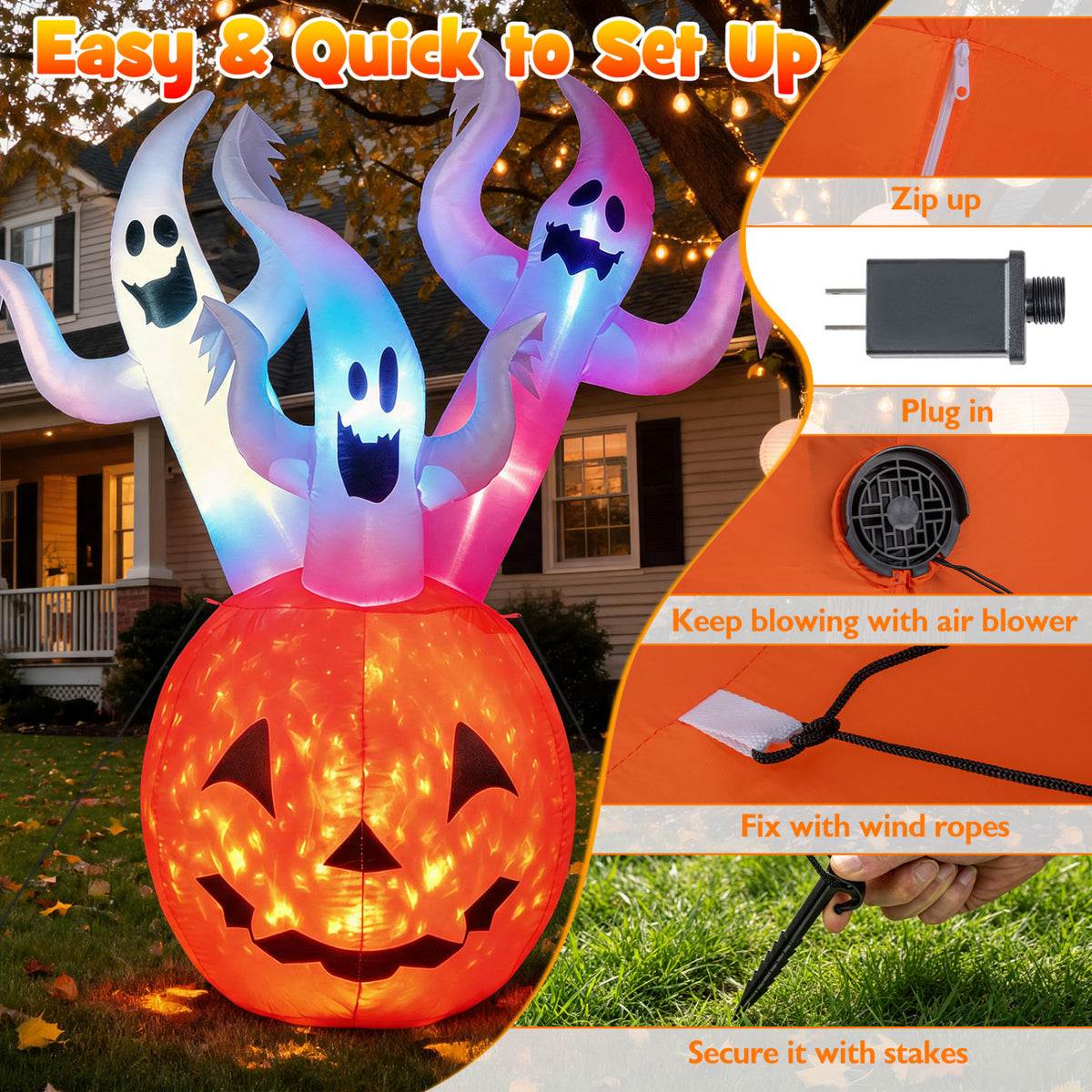 6 FT Inflatable Ghost Pumpkin with Colorful LED Lights
