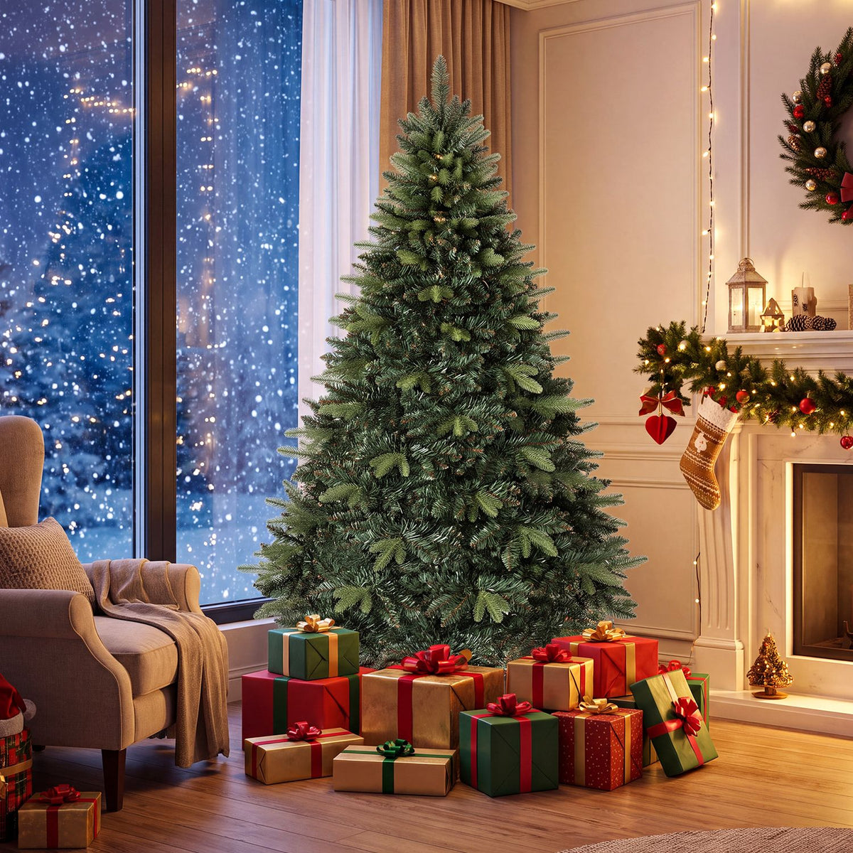 8 FT Artificial Christmas Tree with 1450 Full Branch Tips and Folding Metal Stand