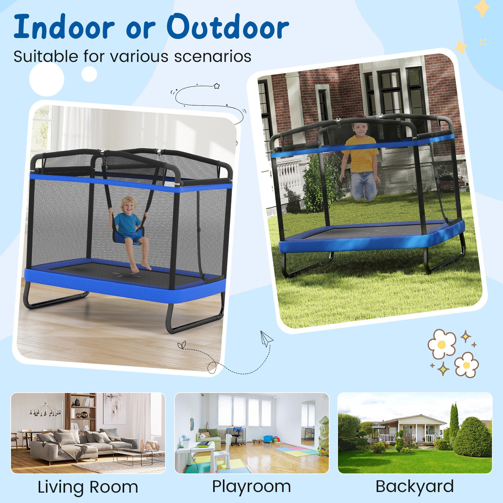 6 FT Kids Trampoline with Swing and Horizontal Bar Small Rectangle Trampoline-Blue