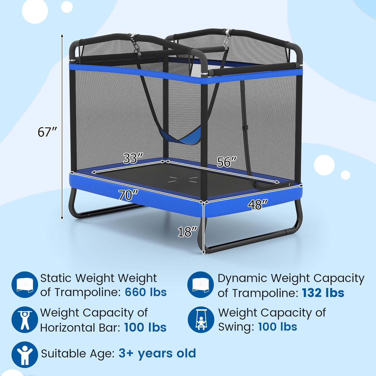 6 FT Kids Trampoline with Swing and Horizontal Bar Small Rectangle Trampoline-Blue