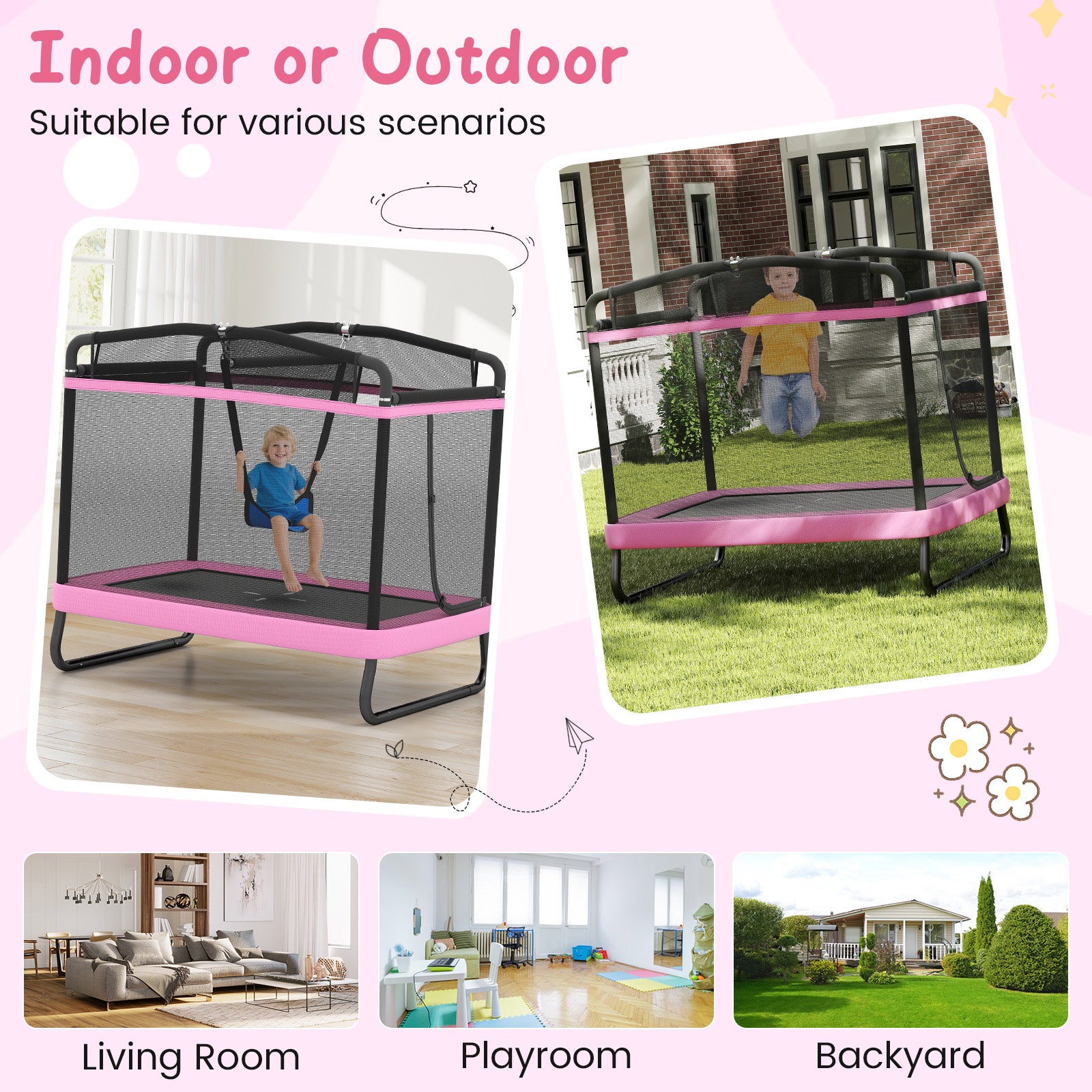 6 FT Kids Trampoline with Swing and Horizontal Bar Small Rectangle Trampoline-Pink