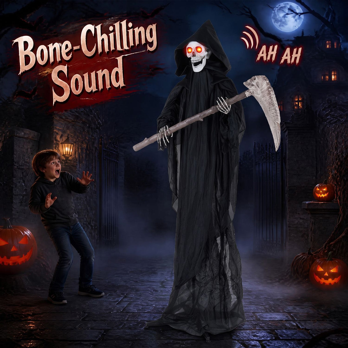 6 FT Lifelike Grim Reaper with Scythe Decorations and Bone-Chilling Sound
