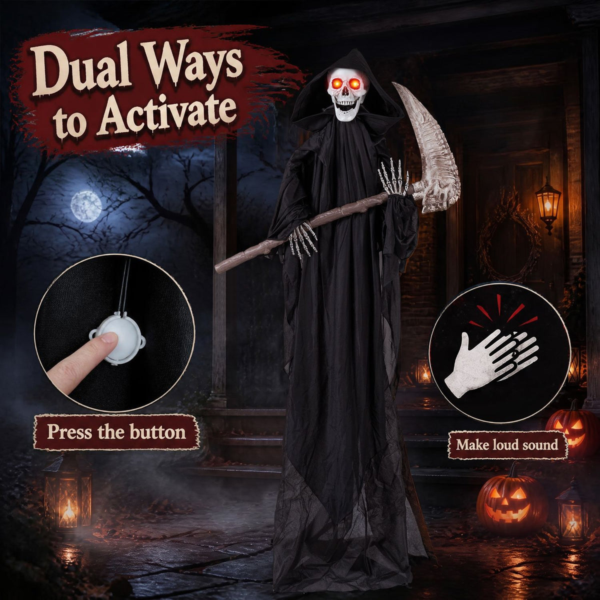 6 FT Lifelike Grim Reaper with Scythe Decorations and Bone-Chilling Sound