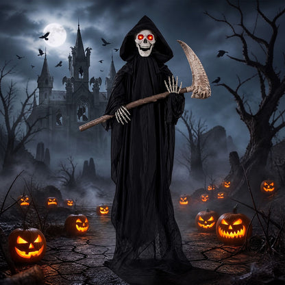 6 FT Lifelike Grim Reaper with Scythe Decorations and Bone-Chilling Sound