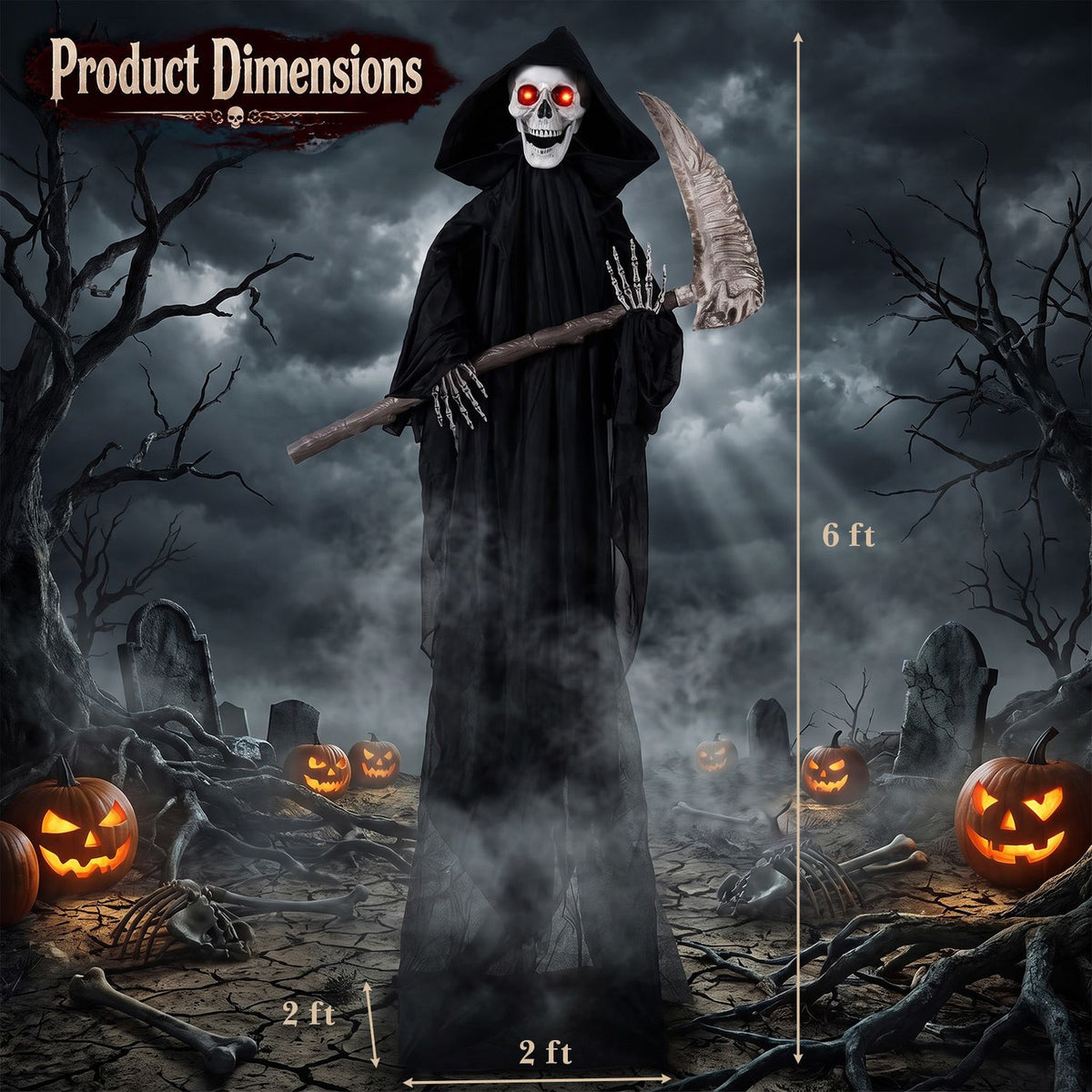 6 FT Lifelike Grim Reaper with Scythe Decorations and Bone-Chilling Sound