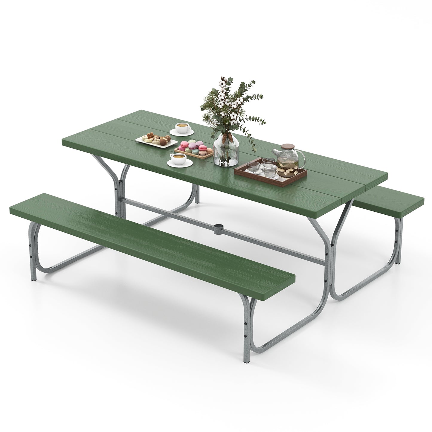 6 FT Picnic Table Bench Set Dining Table and 2 Benches with Metal Frame and HDPE Tabletop-Green - Green