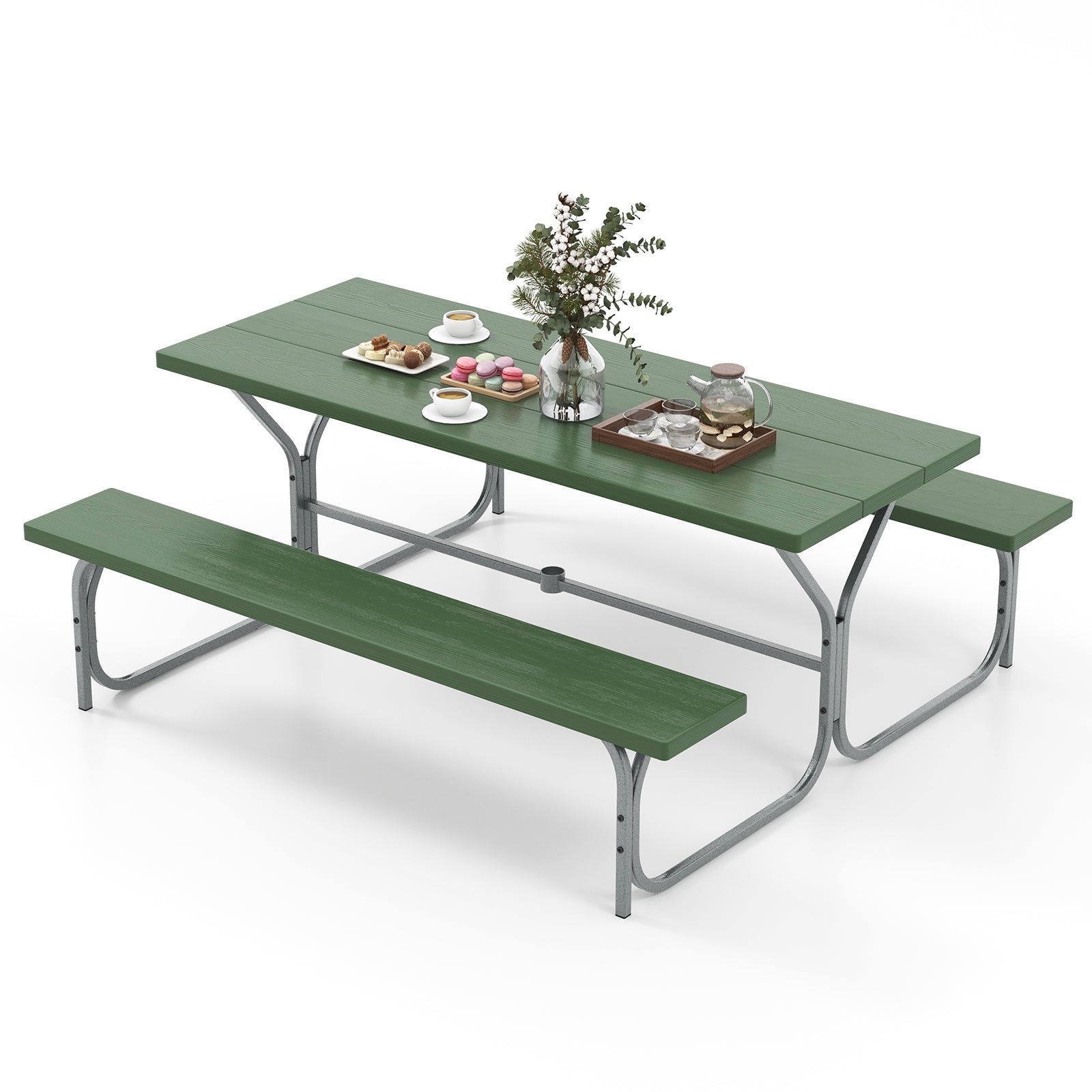 6 FT Picnic Table Bench Set Dining Table and 2 Benches with Metal Frame and HDPE Tabletop-Green - Green