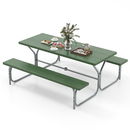 6 FT Picnic Table Bench Set Dining Table and 2 Benches with Metal Frame and HDPE Tabletop-Green - Green