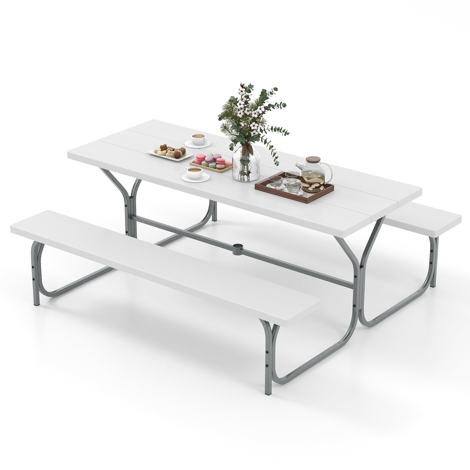6 FT Picnic Table Bench Set Dining Table and 2 Benches with Metal Frame and HDPE Tabletop-Green - White