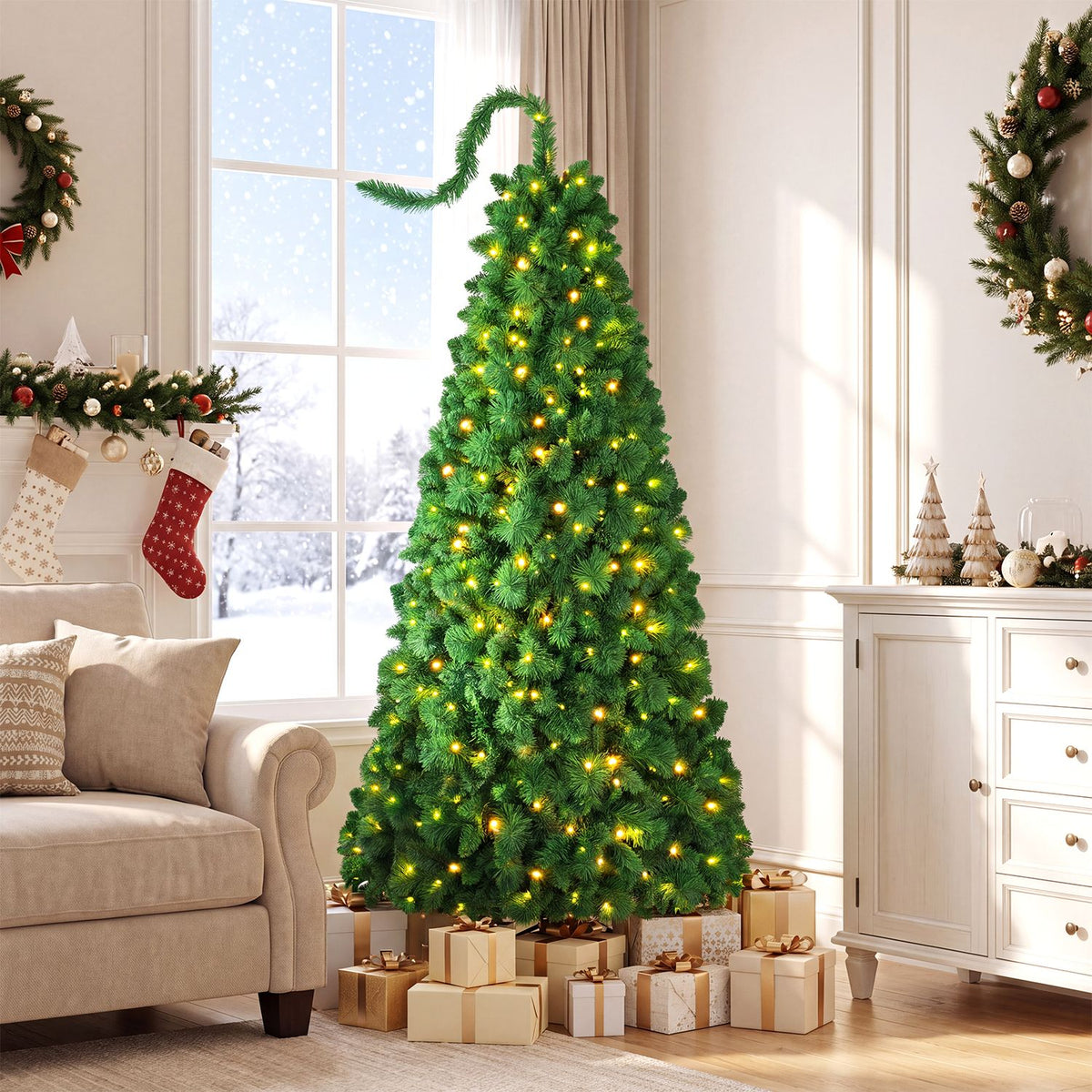 6 FT Pre-Lit Artificial Christmas Tree with Green Snow Flocking