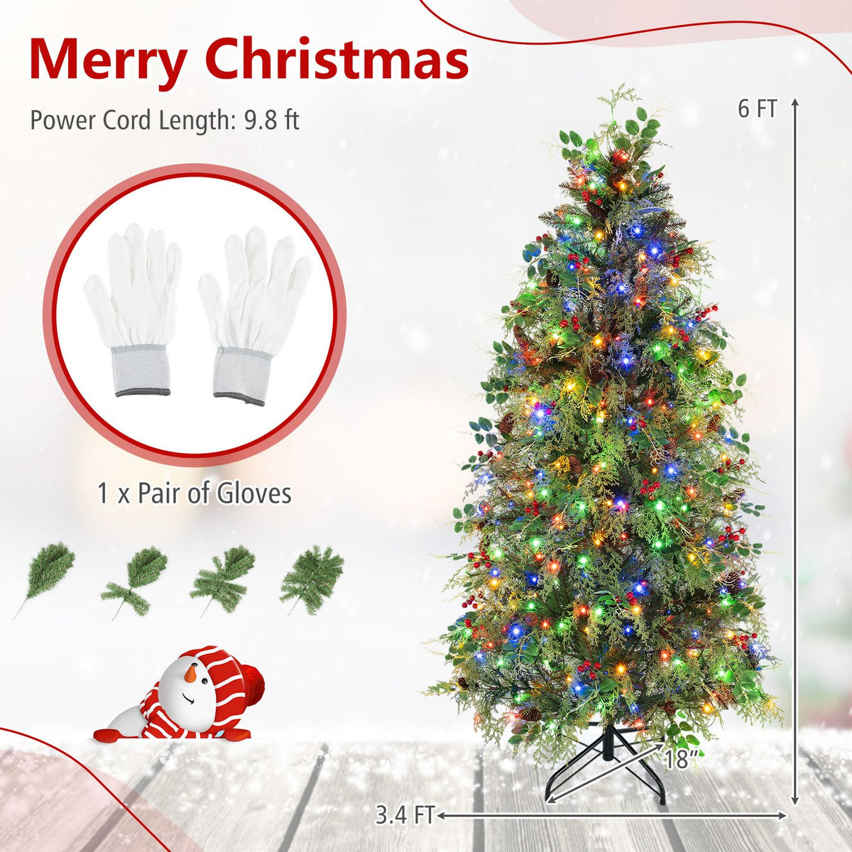 6 FT Pre-Lit Artificial Christmas Tree with Warm White and Multicolor LED Lights for Indoor