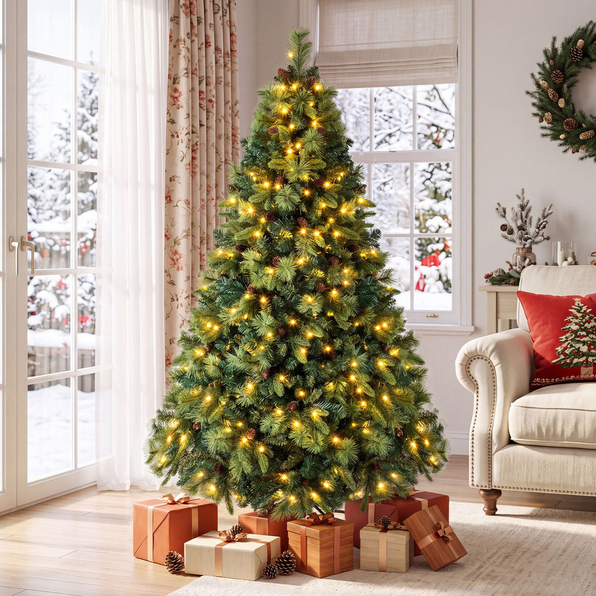 8 FT Pre-Lit Artificial Christmas Tree with 310/400/515 Warm White LED Lights and 8