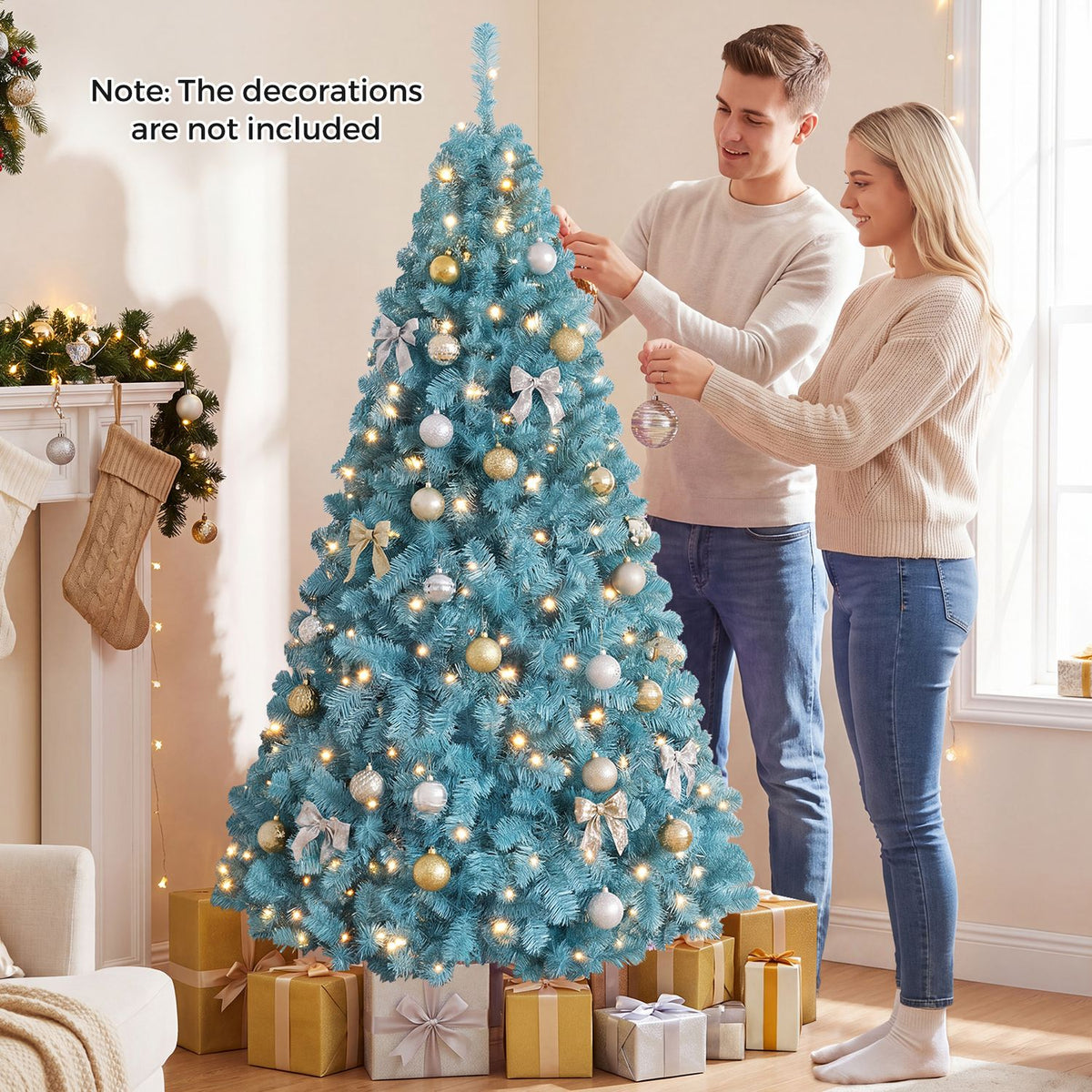 4.5 FT Pre-Lit Peacock Blue Christmas Tree with 500/250/140/750 Warm White LED Lights