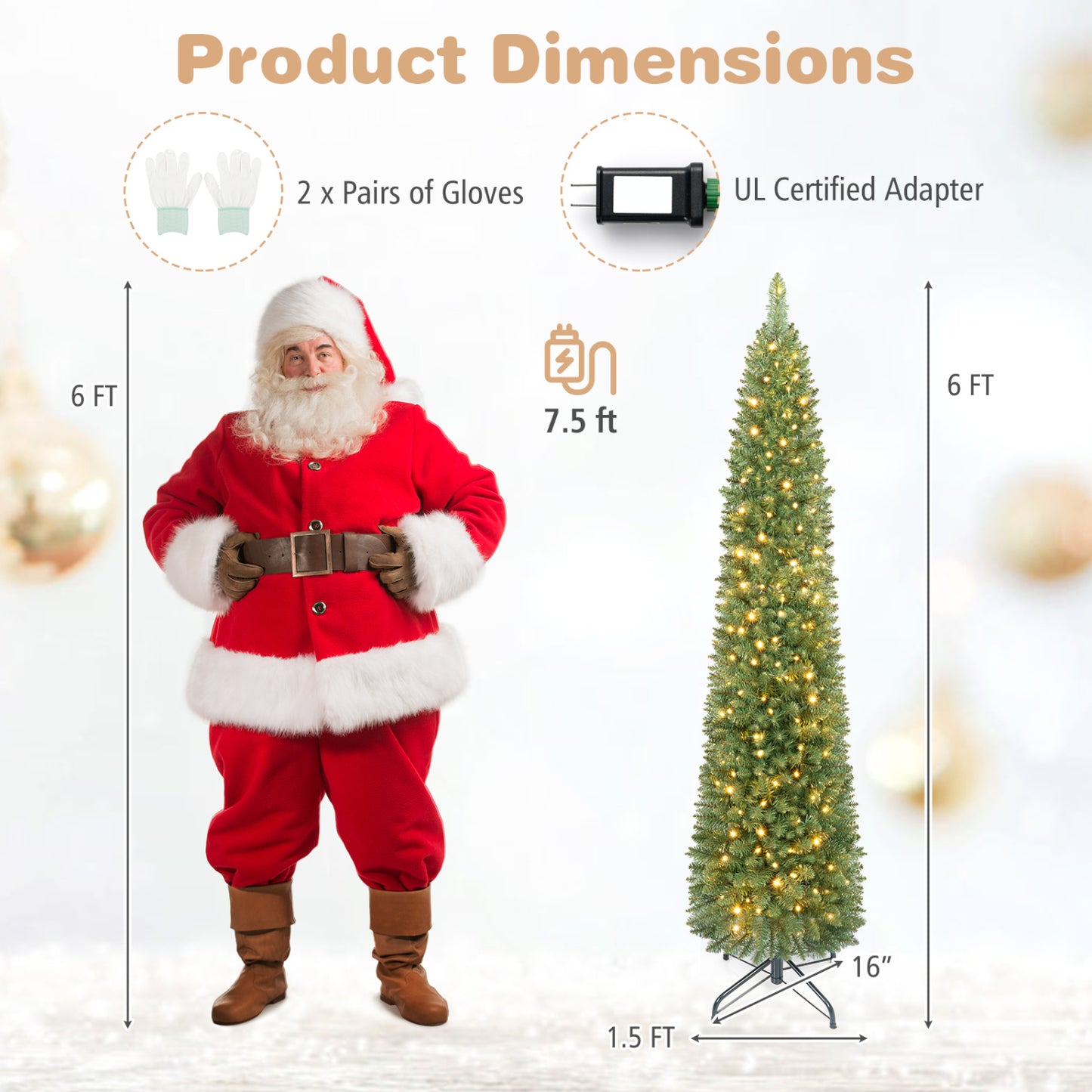 6 FT Pre-Lit Pencil Christmas Tree with 180 Warm White LEDs