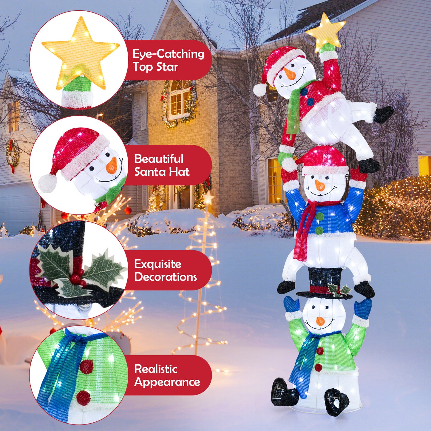 6 FT Pre-Lit Stacked Snowman Set with 155 LED Lights and Ground Stakes