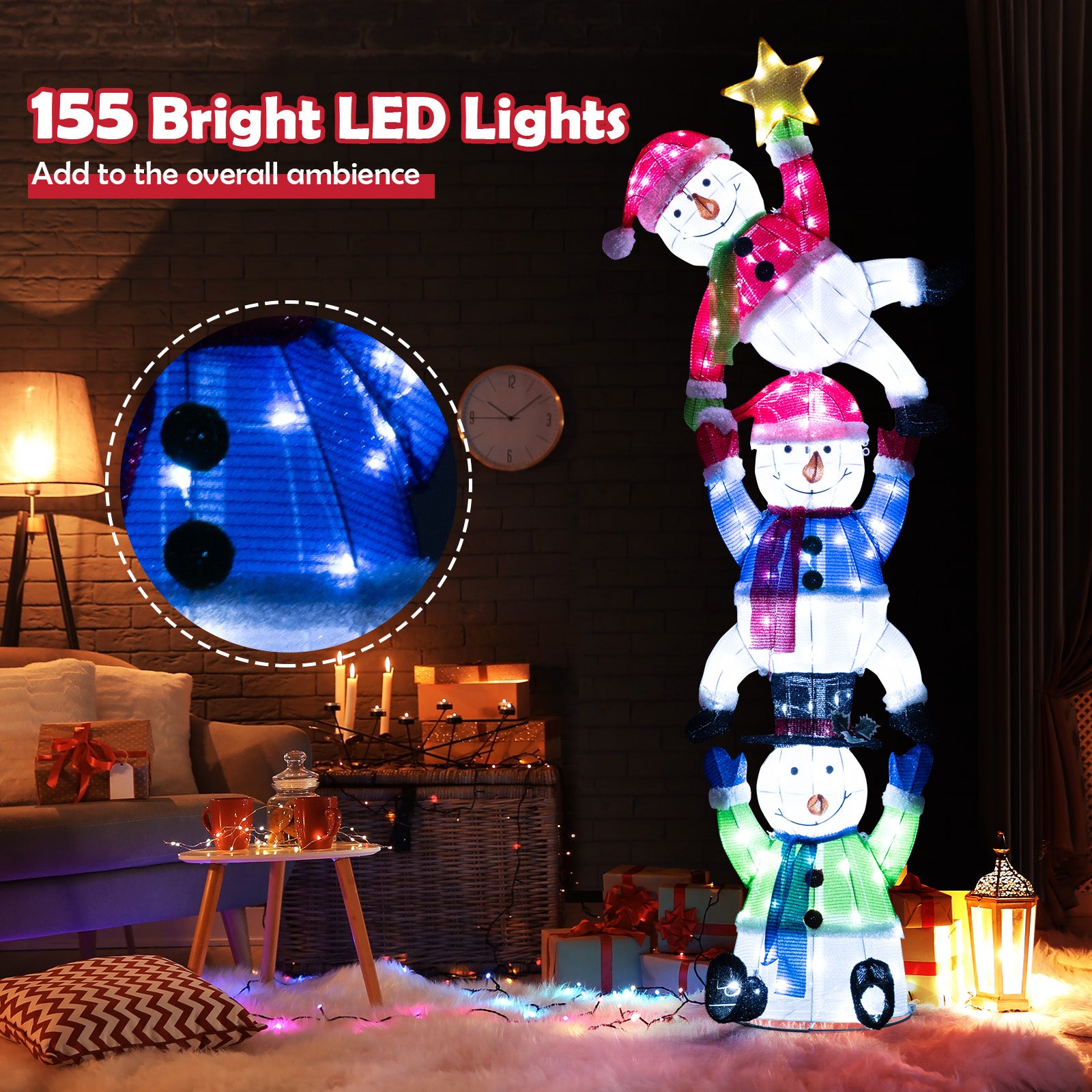 6 FT Pre-Lit Stacked Snowman Set with 155 LED Lights and Ground Stakes