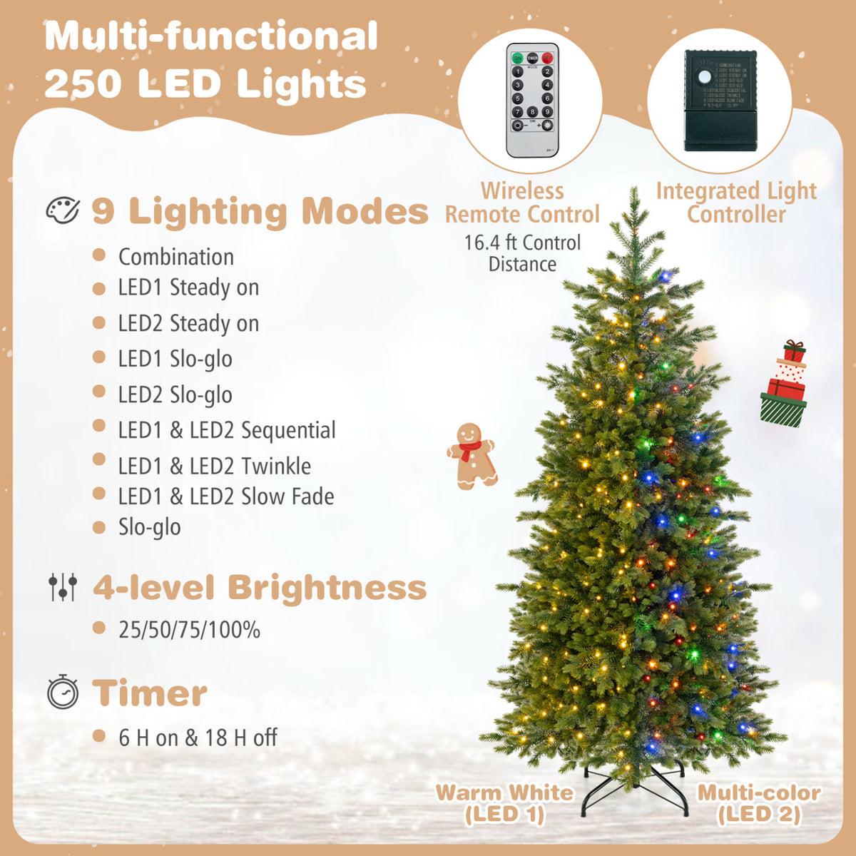 6 FT Pre-lit Christmas Tree with 250/470 Warm White and Multi-color Dimmable LED Light for Home Office