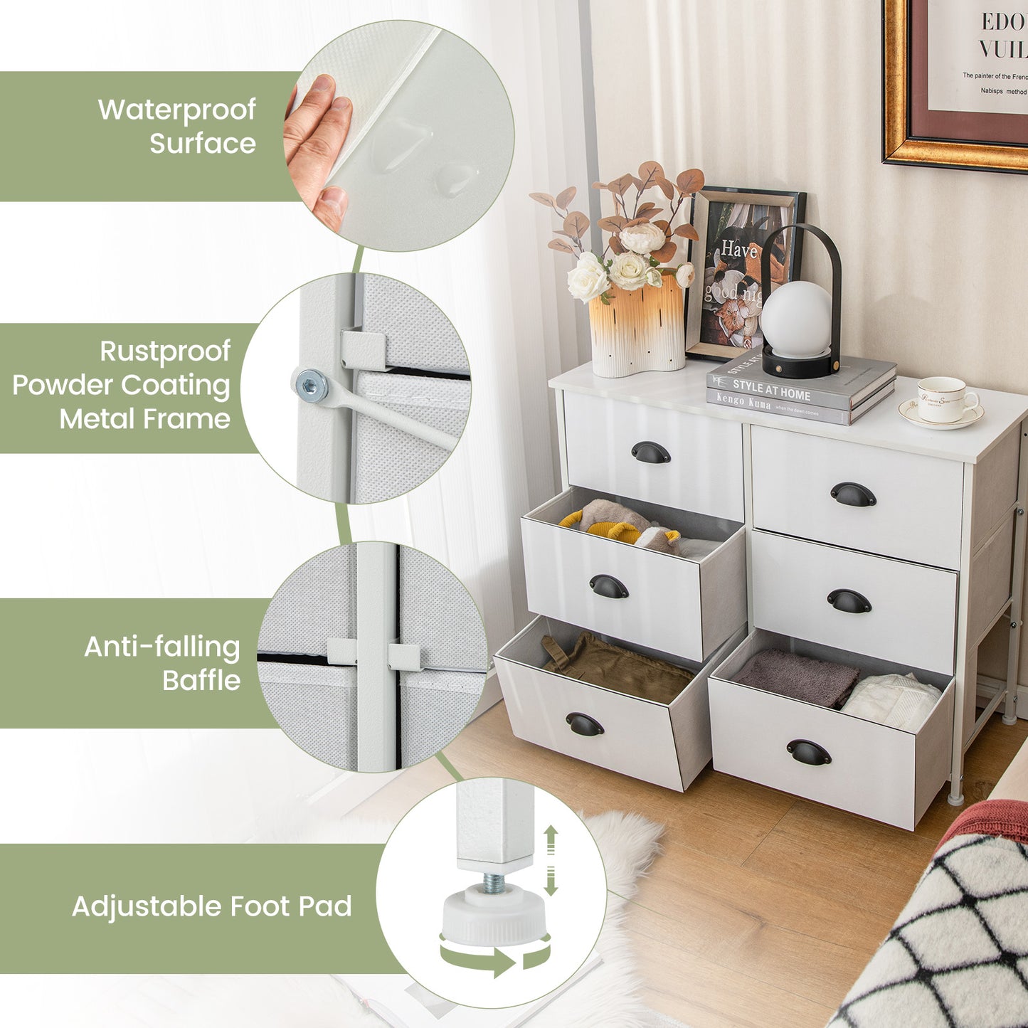 6 Fabric Drawers Storage Chest with Wooden Top-White