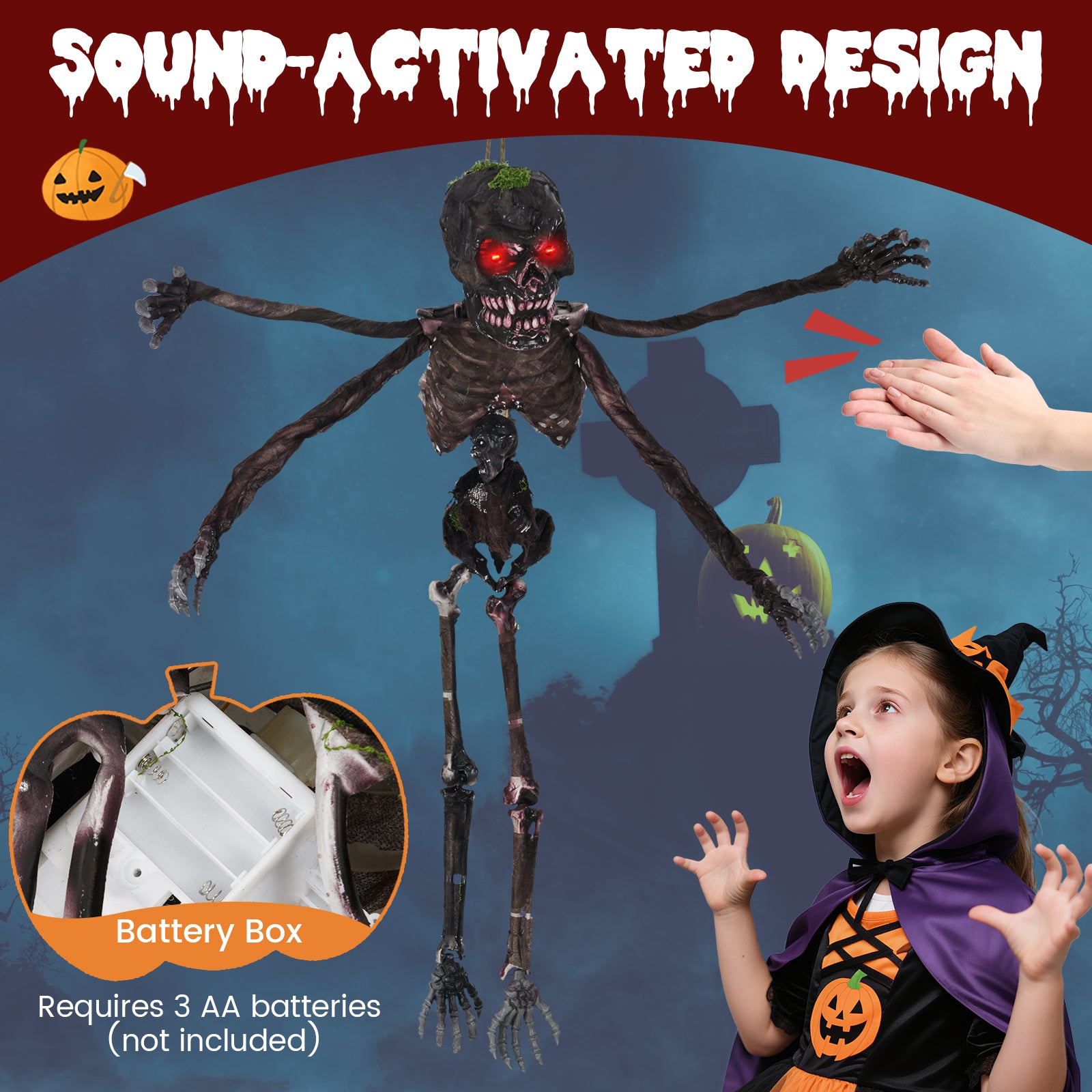 6 Feet Animated Halloween Decoration with 4 Arms Red LED-lit Eyes & Spooky Sounds