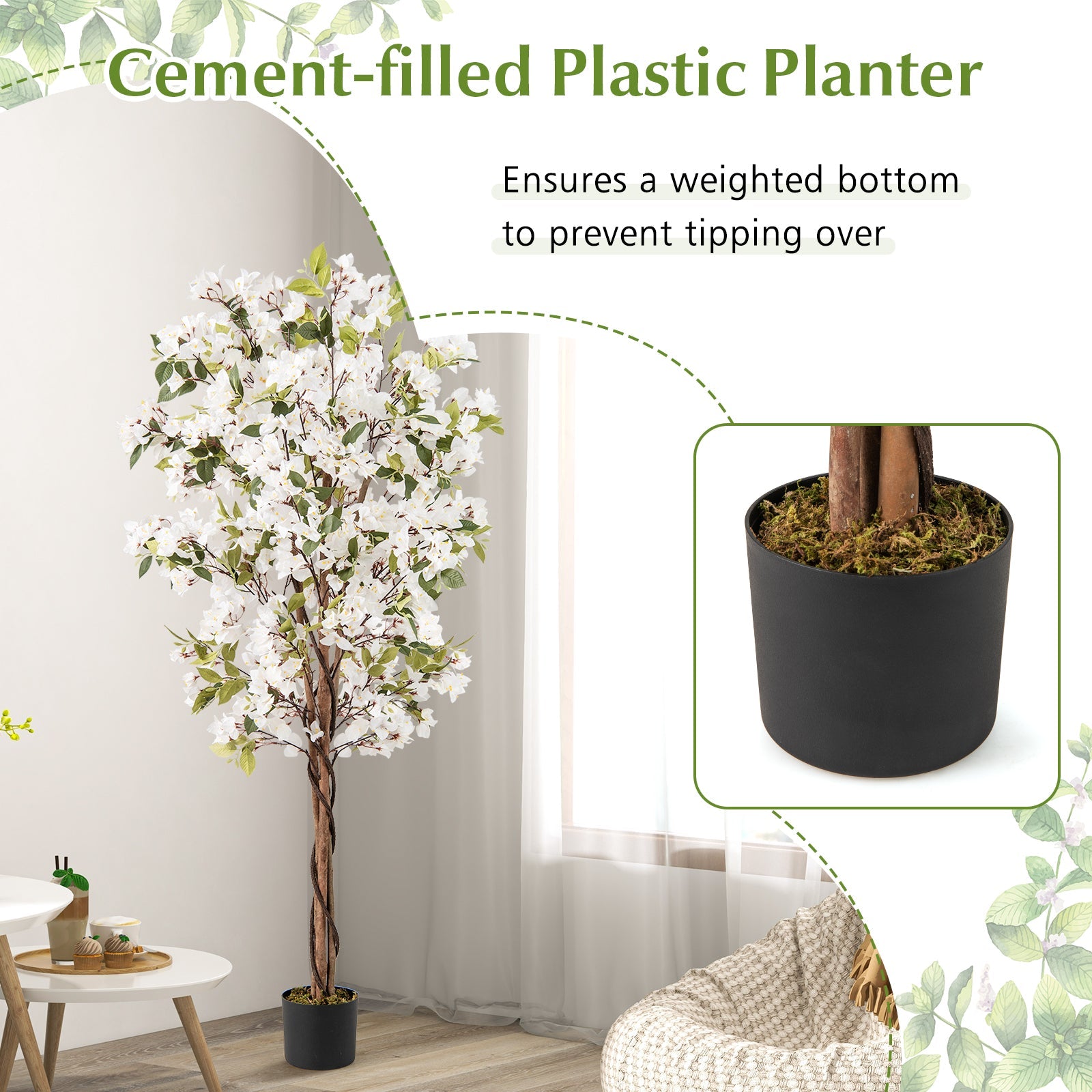 6 Feet Artificial Bougainvillea Tree with 910 White Flowers- Set of 2
