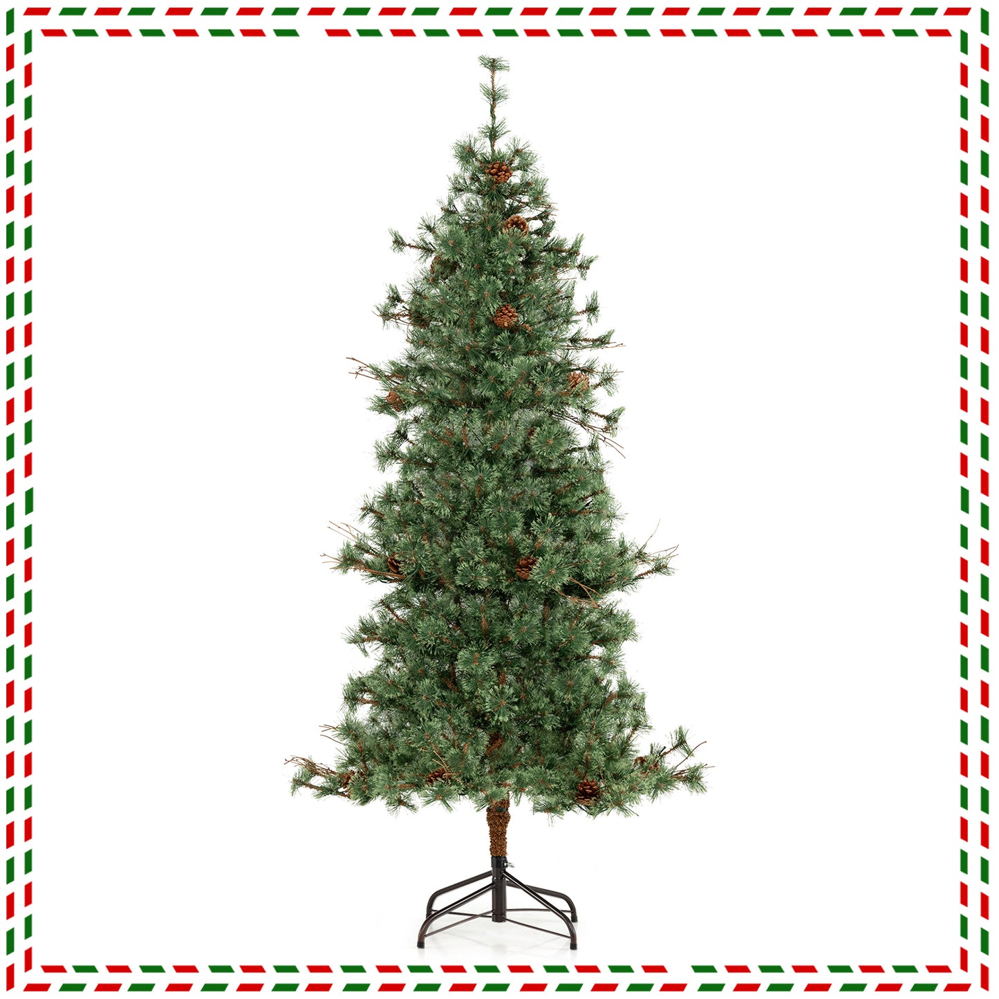 6 Feet Artificial Christmas Tree Pre-lit Hinged Xmas Tree with Warm White LED Lights and Pine Cones