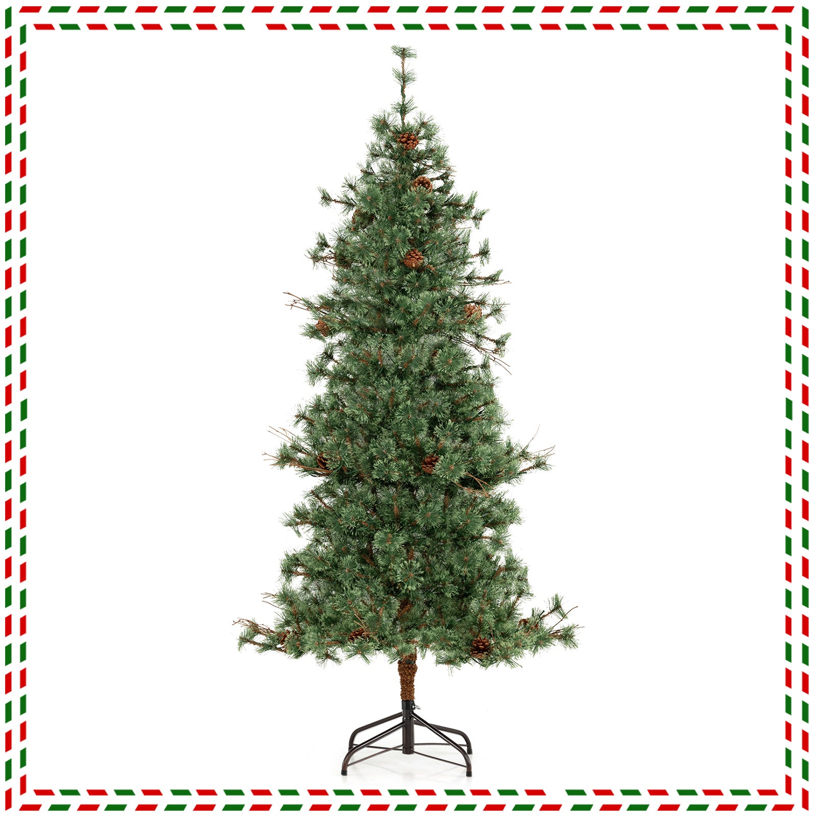 6 Feet Artificial Christmas Tree Pre-lit Hinged Xmas Tree with Warm White LED Lights and Pine Cones