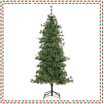 6 Feet Artificial Christmas Tree Pre-lit Hinged Xmas Tree with Warm White LED Lights and Pine Cones