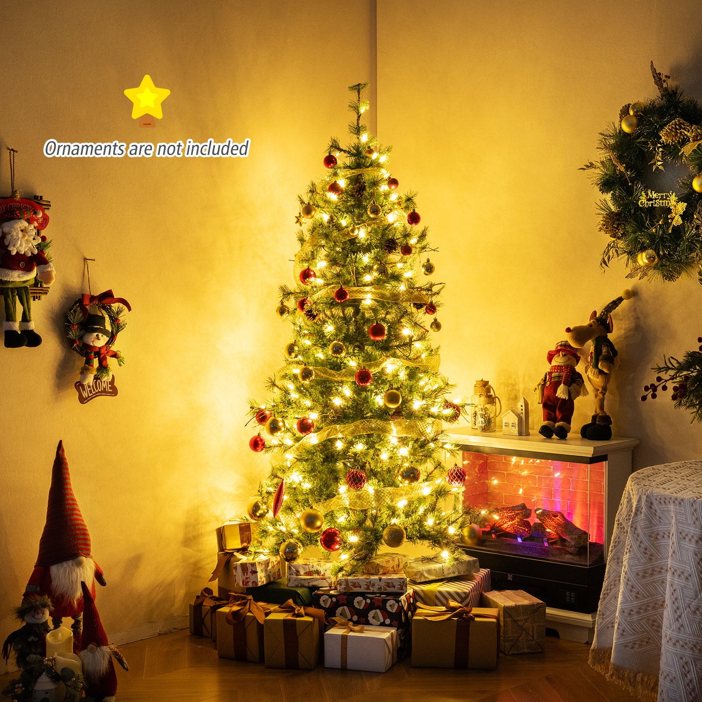 6 Feet Artificial Christmas Tree Pre-lit Hinged Xmas Tree with Warm White LED Lights and Pine Cones