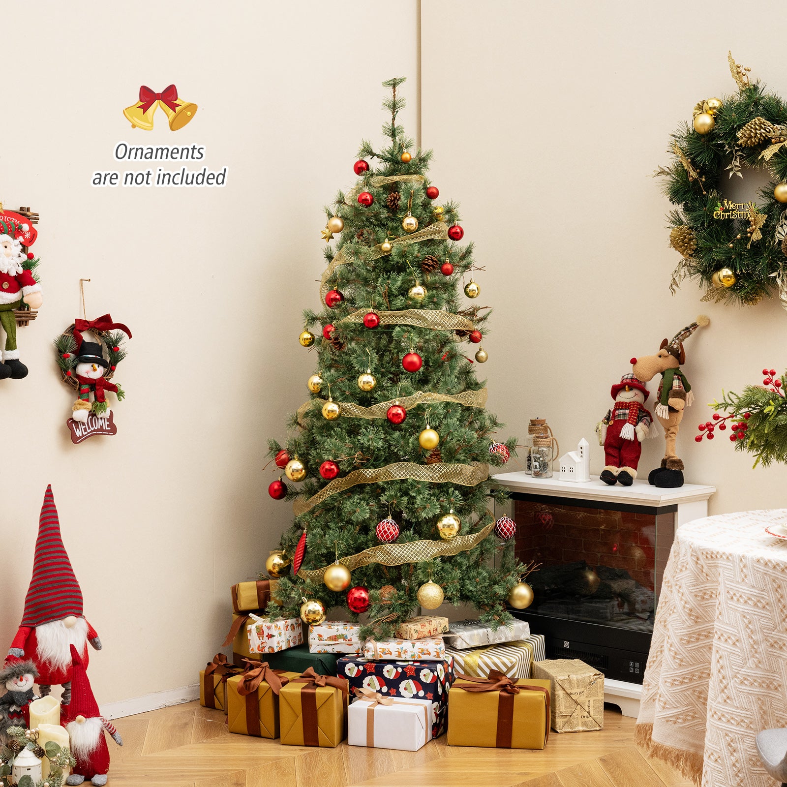 6 Feet Artificial Christmas Tree Pre-lit Hinged Xmas Tree with Warm White LED Lights and Pine Cones