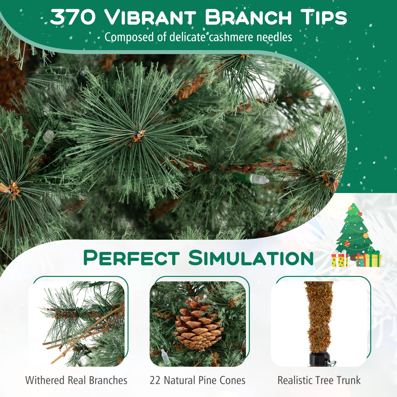 6 Feet Artificial Christmas Tree Pre-lit Hinged Xmas Tree with Warm White LED Lights and Pine Cones