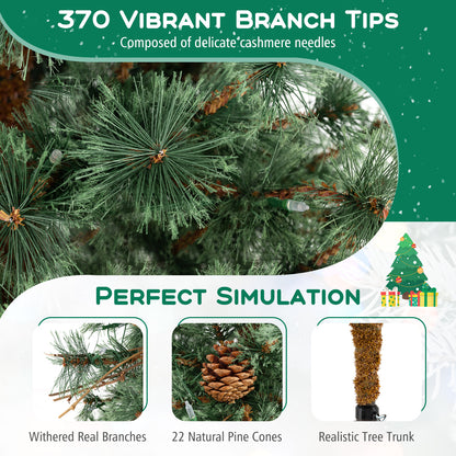 6 Feet Artificial Christmas Tree Pre-lit Hinged Xmas Tree with Warm White LED Lights and Pine Cones