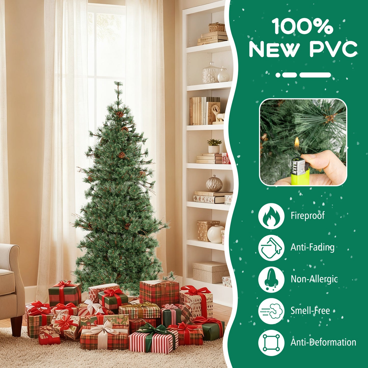 6 Feet Artificial Christmas Tree Pre-lit Hinged Xmas Tree with Warm White LED Lights and Pine Cones
