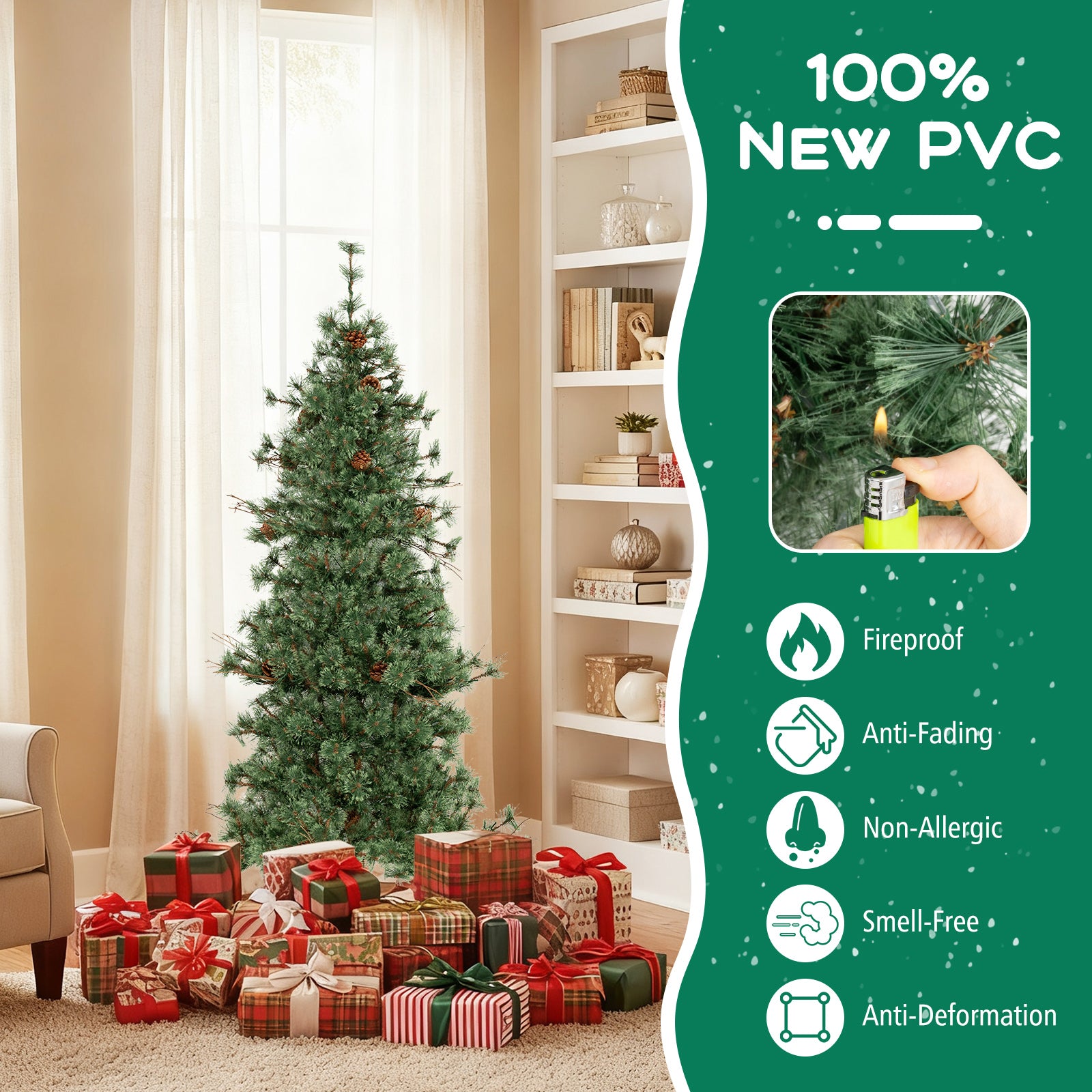 6 Feet Artificial Christmas Tree Pre-lit Hinged Xmas Tree with Warm White LED Lights and Pine Cones
