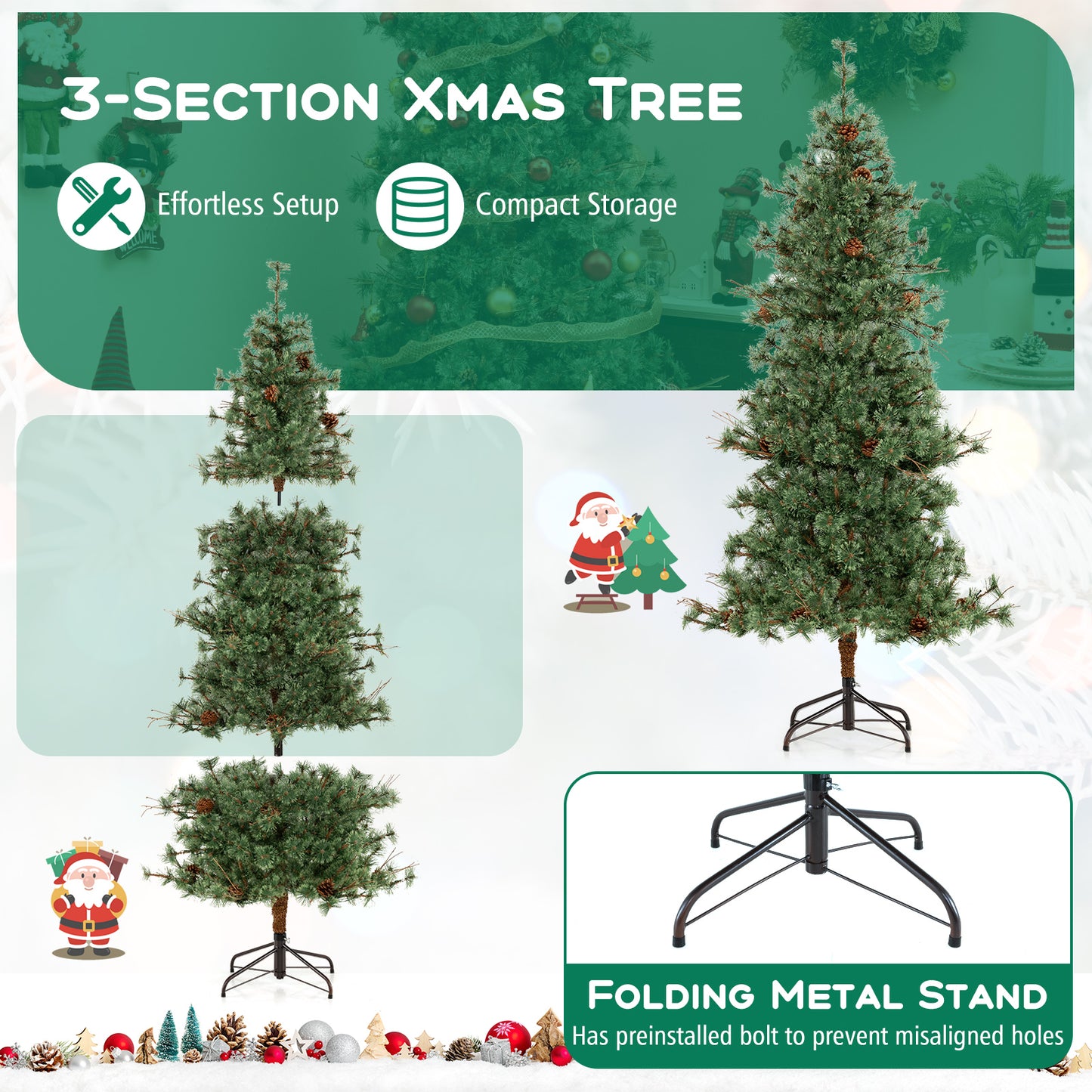6 Feet Artificial Christmas Tree Pre-lit Hinged Xmas Tree with Warm White LED Lights and Pine Cones