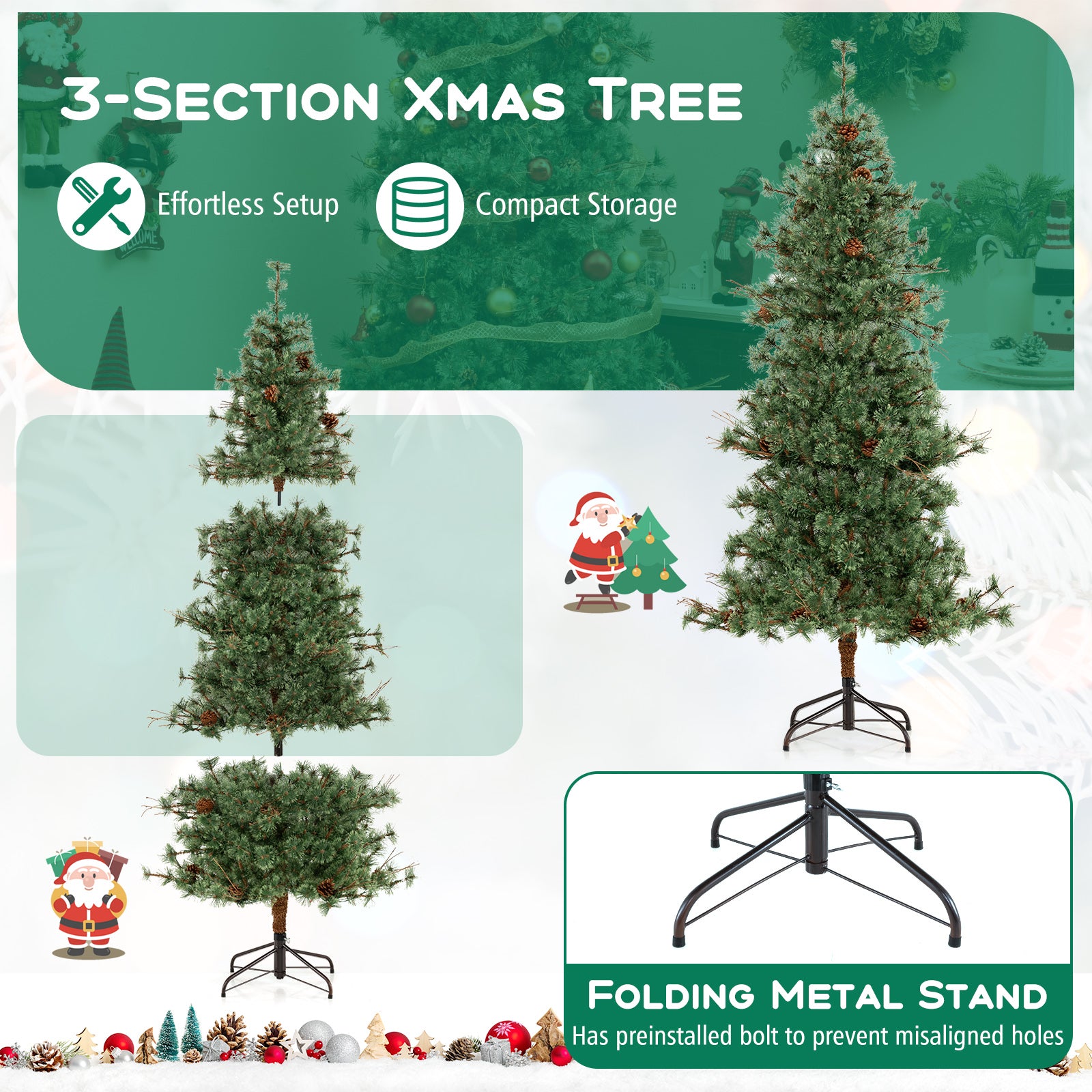 6 Feet Artificial Christmas Tree Pre-lit Hinged Xmas Tree with Warm White LED Lights and Pine Cones