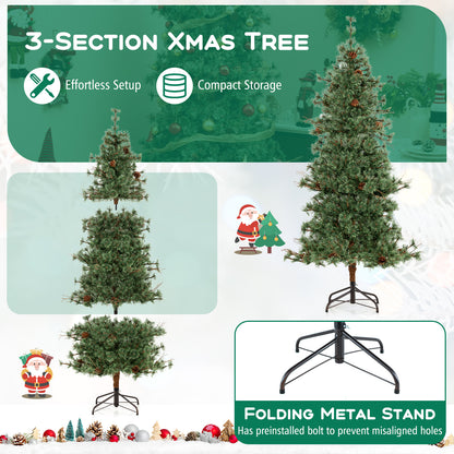 6 Feet Artificial Christmas Tree Pre-lit Hinged Xmas Tree with Warm White LED Lights and Pine Cones