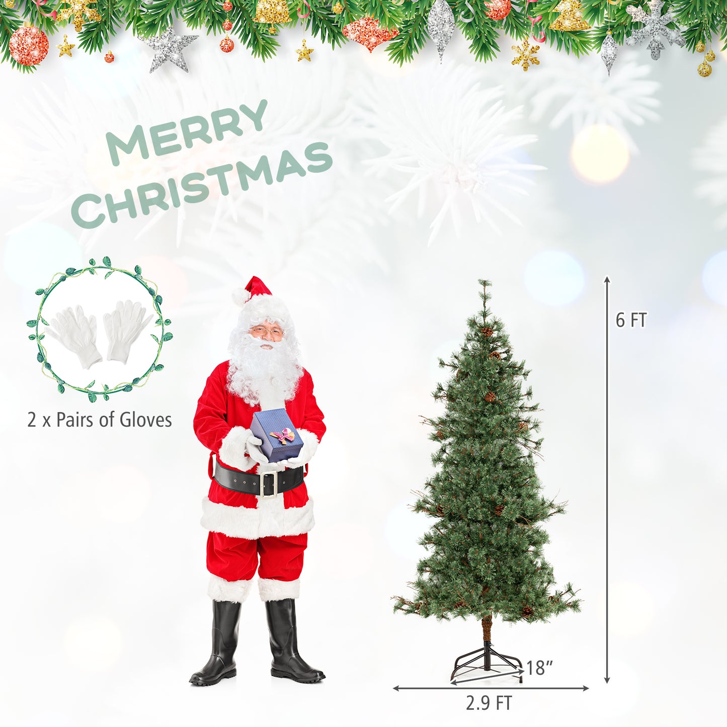 6 Feet Artificial Christmas Tree Pre-lit Hinged Xmas Tree with Warm White LED Lights and Pine Cones