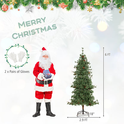 6 Feet Artificial Christmas Tree Pre-lit Hinged Xmas Tree with Warm White LED Lights and Pine Cones