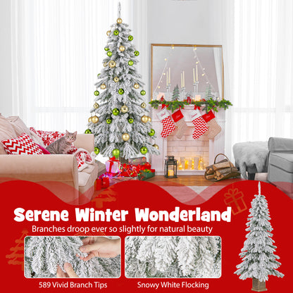 6 Feet Artificial Xmas Tree with 589 Flocked Branch Tips and 48 Xmas Balls