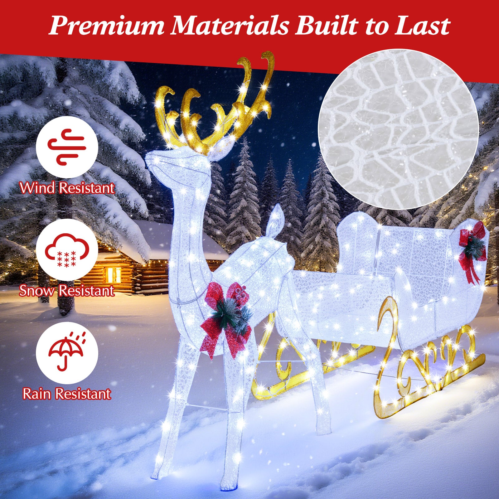 6 Feet Christmas Lighted Reindeer and Santa's Sleigh Decoration with 4 Stakes-White