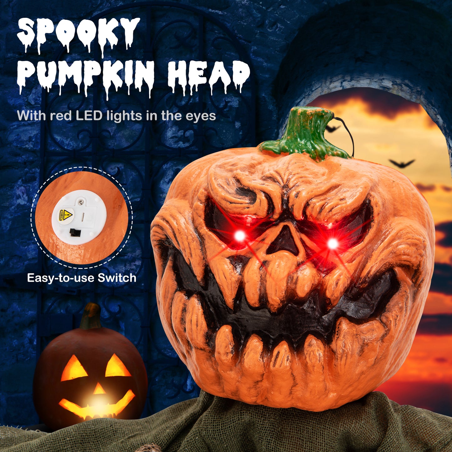 6 Feet Hanging Pumpkin Ghost with Red Glowing Eyes and Bendable Arms