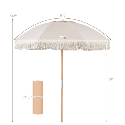 6 Feet Patio Umbrella with Fringe with Push Button Tilt and Wood Pole
